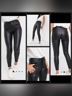 Stradivarius Coated Jeans Leather Like Waxy Look Skinny High-Rise Black Womens 6